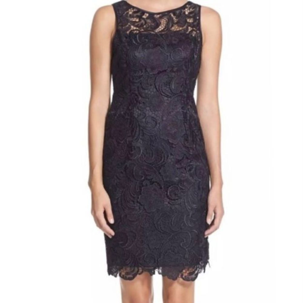 Adrianna Papell, Illusion Bodice Lace Sheath Dress, Midnight Blue Women’s 4
